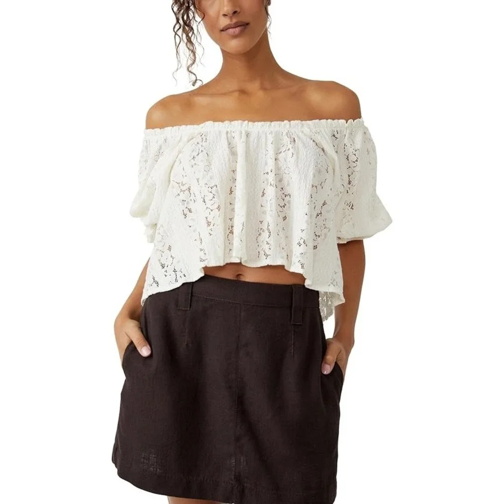 Free People Stacey‎ Lace Top White Sheer Boho Cottagecore Romantic S